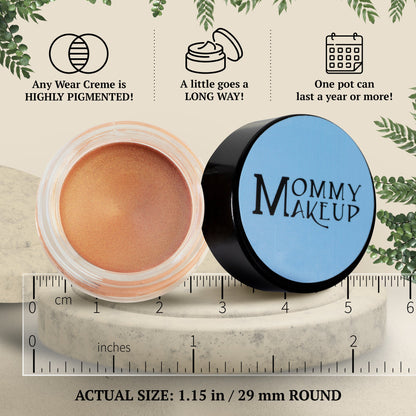 Golden Apricot Any Wear Creme - A Waterproof Multi-tasking creme to powder product for eyes, cheeks & lips. Can be worn anywhere