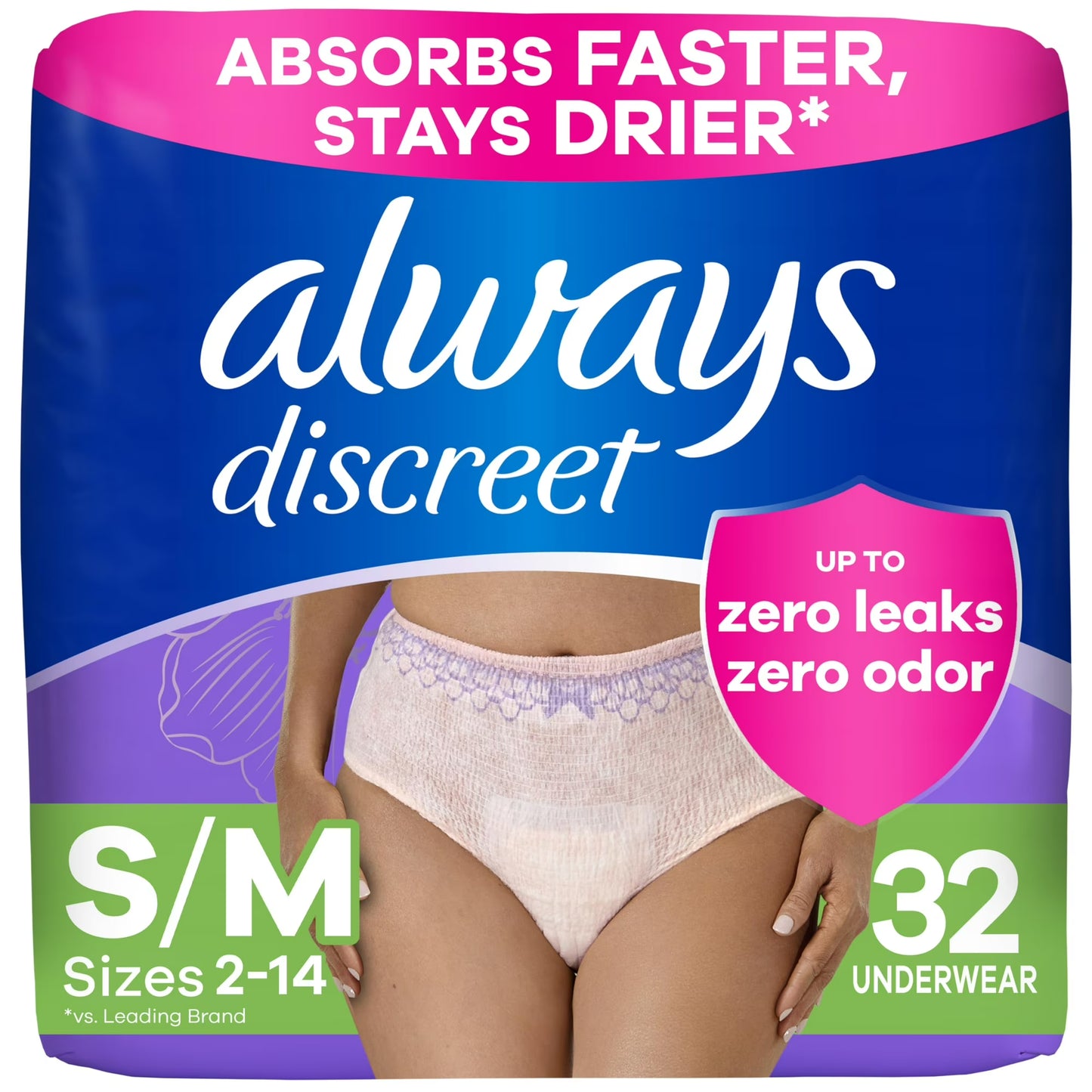 Always Discreet Adult Incontinence Underwear for Women and Postpartum Underwear, Small/Medium, Up to 100% Bladder Leak Protection, 32 Count