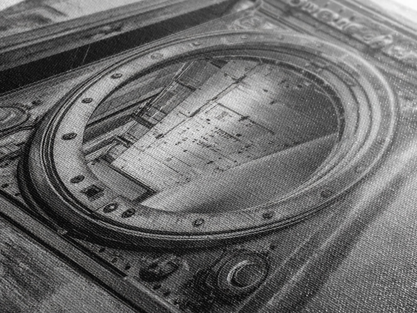 Bank Vault Door, Industrial Design, Urban Texture, Canvas Print, Masculine Office Decor, Steampunk Wall Art, Black White Print