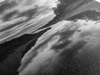 Reflective Tide Pool, Dramatic Sky, Forest Silhouette, Black and White Seascape, Framed Canvas Print, Living Room Wall Art, Nature Boho Style