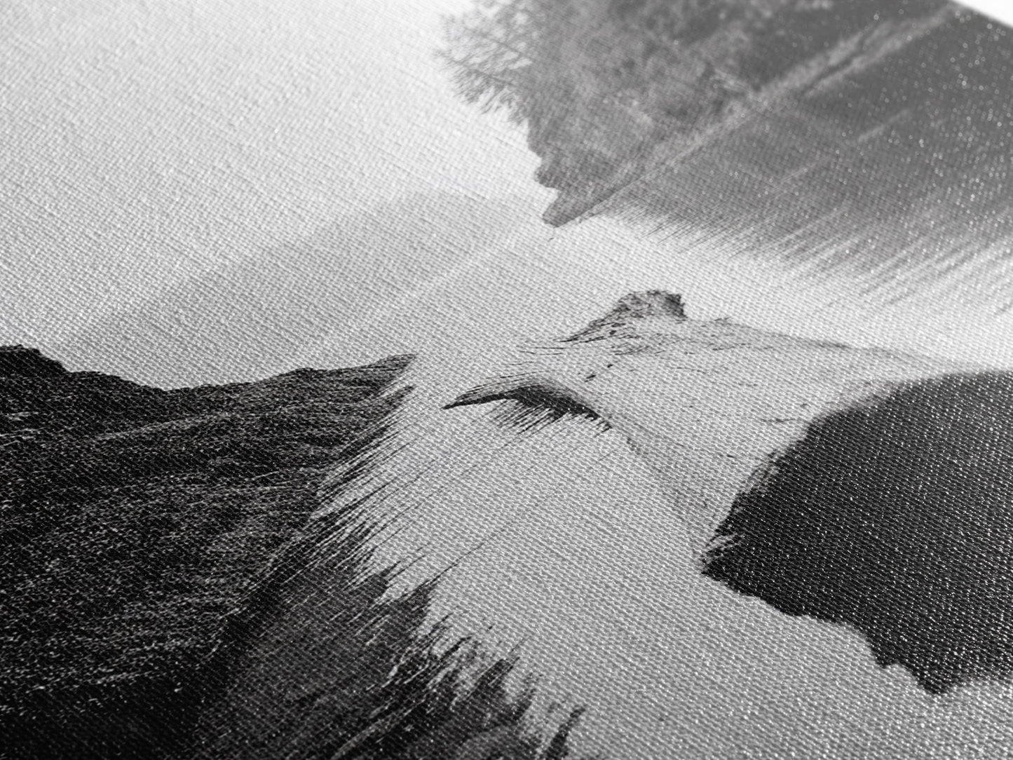 Driftwood Log, River Pass, Nature Silence, Misty Gorge, Framed Canvas Print, Office Wall Art, Modern Nature Decor, Moody Forest Style