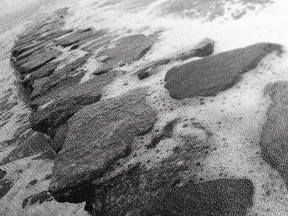 Rocky surf path, ocean jetty power, dramatic sea waves, black white beachscape, Canvas Print, bathroom wall art, nautical minimalist decor