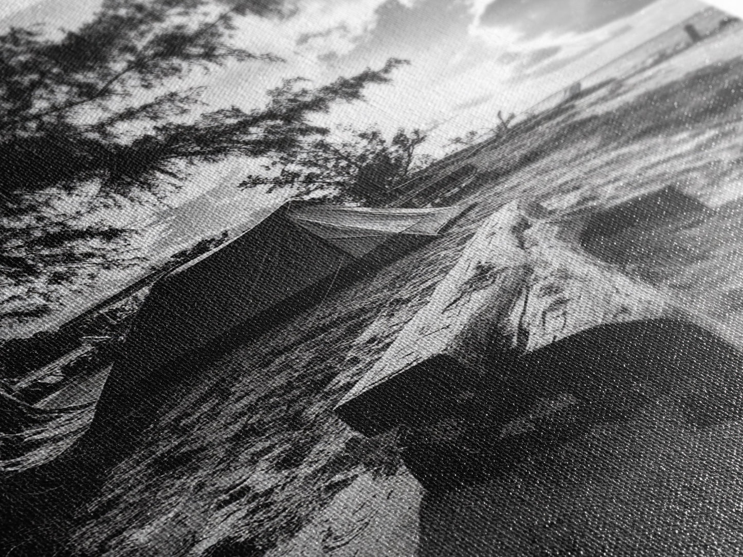 Tent, Beach, Sunset, Trees - Rustic camping coastal escape vibe, Framed Canvas Print, ideal bedroom or adventure nursery decor, outdoor art