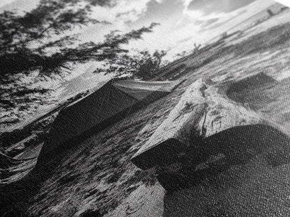 Tent, Beach, Sunset, Trees - Rustic camping coastal escape vibe, Framed Canvas Print, ideal bedroom or adventure nursery decor, outdoor art