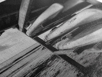 Canoes, Rack, Ocean, Shelter - Surf shack vibes with coastal canoe stack, Framed Canvas Print, great beach house or boho hallway art, grayscale