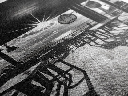 Ocean, Deck, Sunset, Rays - Golden hour beach bar shadows, Canvas Print, perfect dining room or kitchen wall art, rustic coastal decor