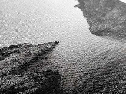 Cliffs, Ocean, Channel, Serenity - Dramatic rocky inlet view, Framed Canvas Print, ideal bathroom or hallway wall art, nature lover minimalist