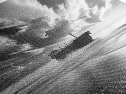 Stormy Sky Ship, Dramatic Seascape, Black White Photography, Ocean Nautical Decor, Framed Canvas Print, Coastal Wall Art, Moody Minimalist