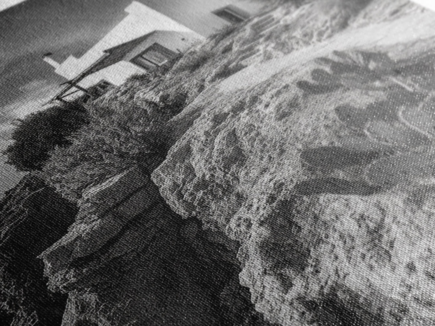 Cliffside Villa, Mediterranean Home, Desert Garden, Rustic Landscape Print, Framed Canvas Print, Modern Boho Living Room Art