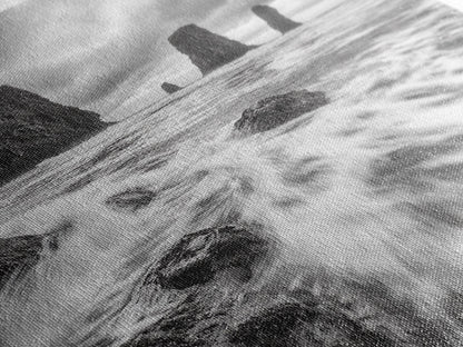 Sea Stacks Seascape, Ocean Art, Moody Coastline Print, Nature Photography, Framed Canvas Print, Living Room Wall Art, Black White Seaside