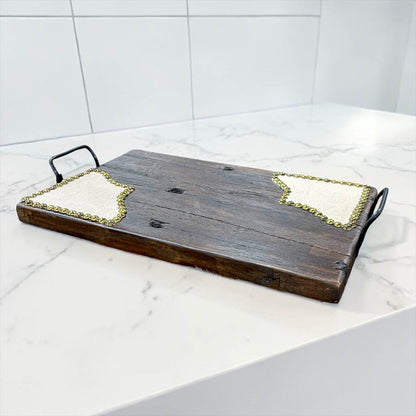 Ivory Tooled Genuine Leather and Wood Tray