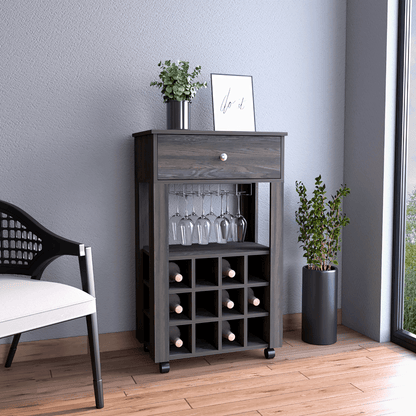 Bayamon Bar Cart – Contemporary Wine & Glass Storage with Drawer and Casters
