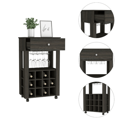 Bayamon Bar Cart – Contemporary Wine & Glass Storage with Drawer and Casters