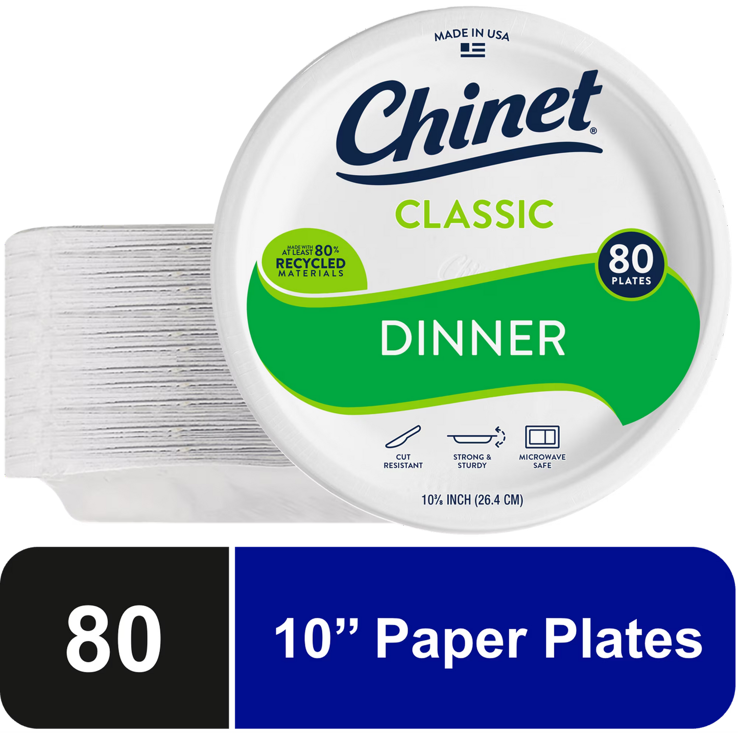 Chinet Classic Premium Disposable Paper Dinner Plates, White, 10 3/8", 80 Count