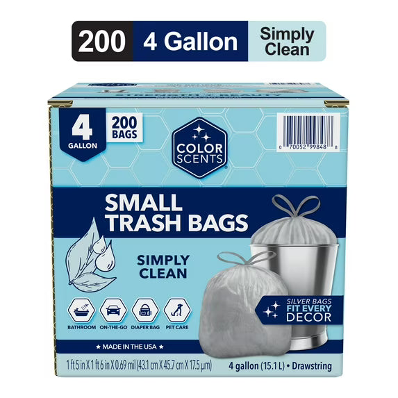 Color Scents Small Trash Bags, 4 Gallon, 200 Bags (Linen Fresh Scent, Drawstring)