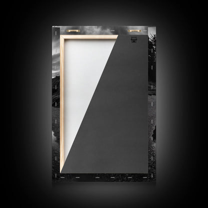 Reflective Tide Pool, Dramatic Sky, Forest Silhouette, Black and White Seascape, Framed Canvas Print, Living Room Wall Art, Nature Boho Style