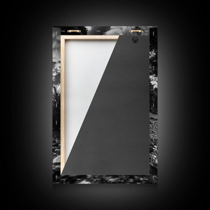 Sunset Beach View, Wide Angle Perspective, Nature Shoreline, Monochrome Landscape, Framed Canvas Print, Hallway Wall Art, Beach Decor