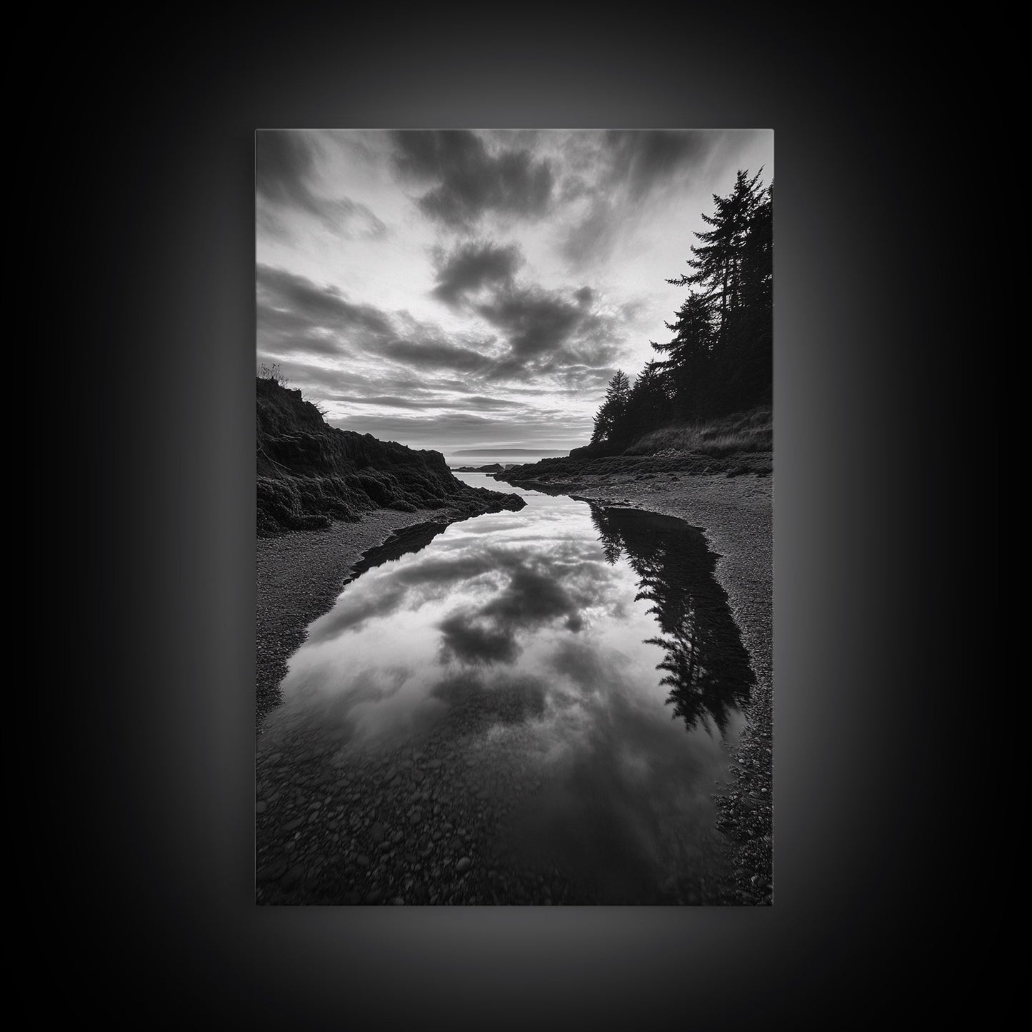 Reflective Tide Pool, Dramatic Sky, Forest Silhouette, Black and White Seascape, Framed Canvas Print, Living Room Wall Art, Nature Boho Style