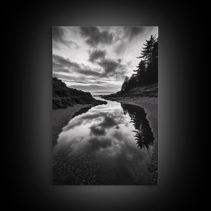Reflective Tide Pool, Dramatic Sky, Forest Silhouette, Black and White Seascape, Framed Canvas Print, Living Room Wall Art, Nature Boho Style
