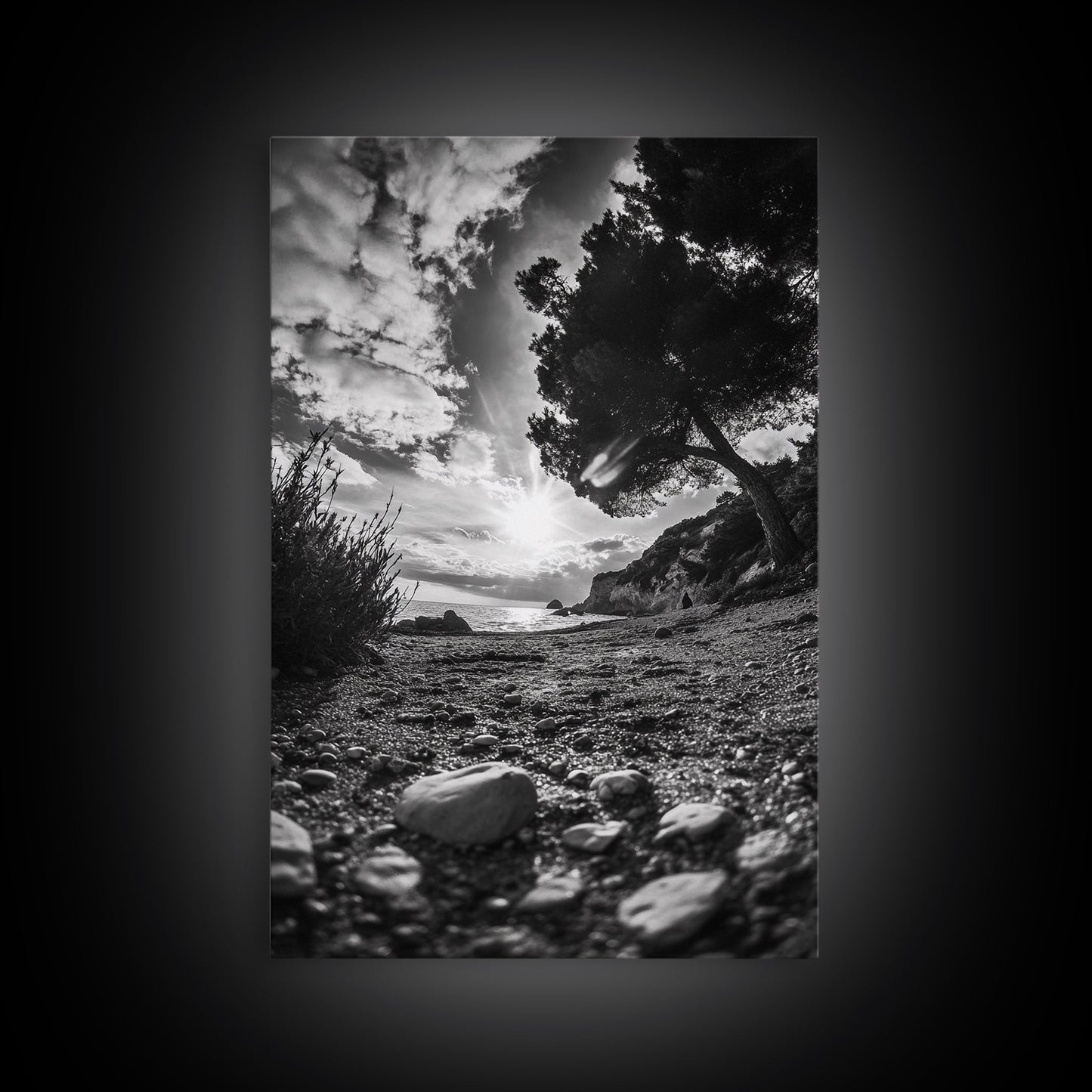 Sunset Beach View, Wide Angle Perspective, Nature Shoreline, Monochrome Landscape, Framed Canvas Print, Hallway Wall Art, Beach Decor