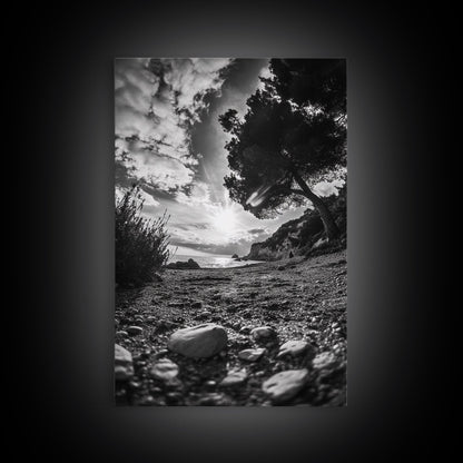 Sunset Beach View, Wide Angle Perspective, Nature Shoreline, Monochrome Landscape, Framed Canvas Print, Hallway Wall Art, Beach Decor