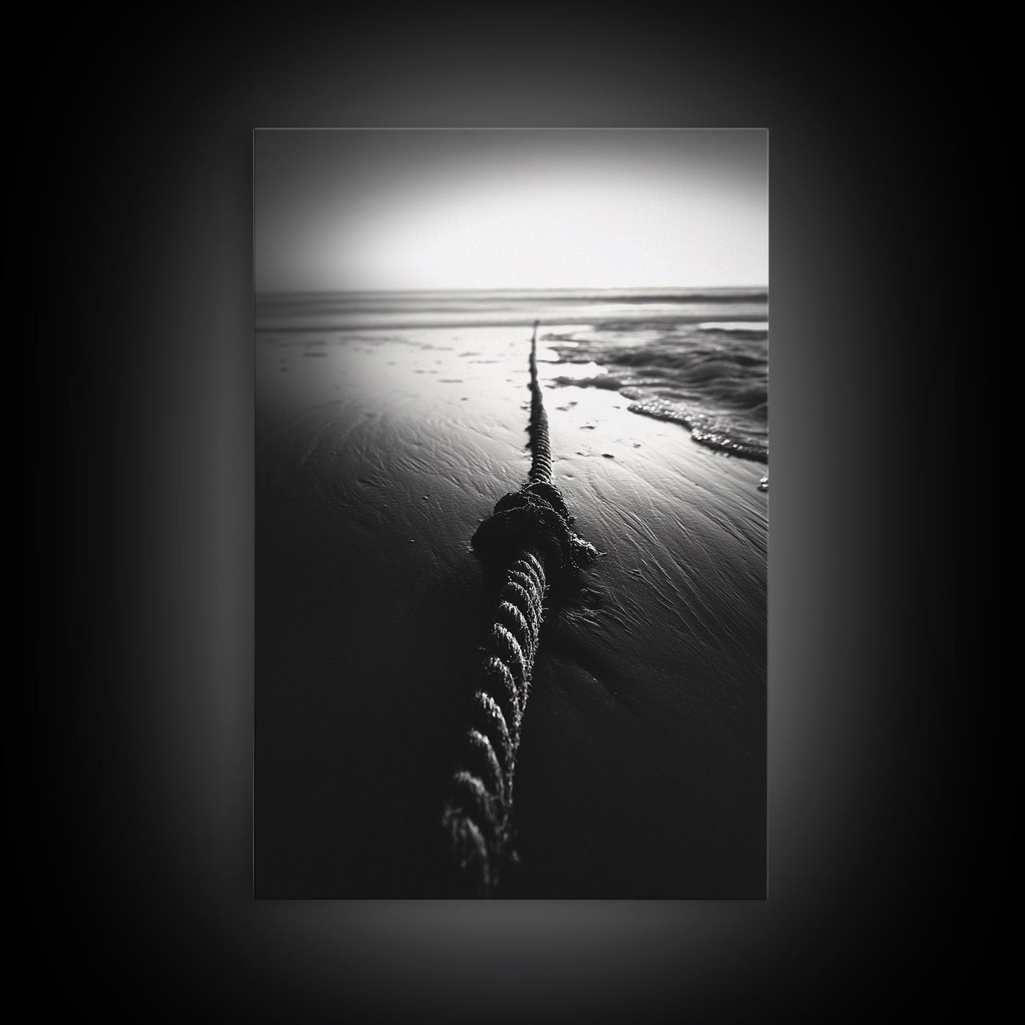 Ocean Rope Shore, Nautical Minimalism, Seaside Monochrome, Black and White Calm, Framed Canvas Print, Bedroom Wall Art, Coastal Decor