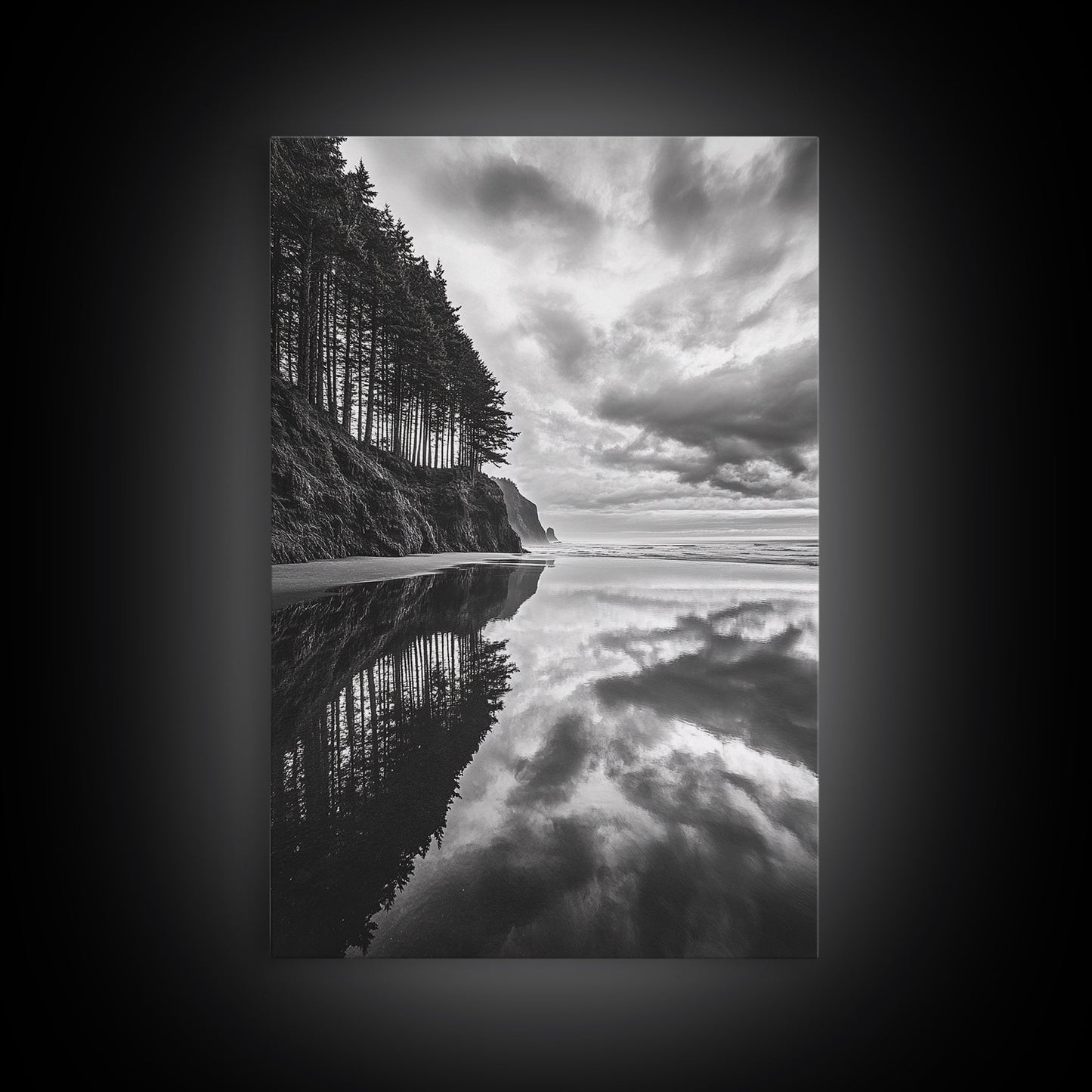 Ocean Cliff Reflection, Dramatic Coastline Art, Cloudy Sky Canvas, Framed Canvas Print, Living Room Wall Art, Moody Landscape Photography