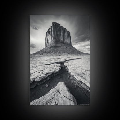 Monument Valley Cliff, Desert Rockscape, Framed Canvas Print, Western Wall Art, Office Decor, Black and White Photography