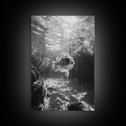 Sunlit Fish, Ocean Rays, Underwater Wonder, Tranquil Sea Life, Framed Canvas Print, Kids Room Decor, Coastal Art, Nautical Home Style