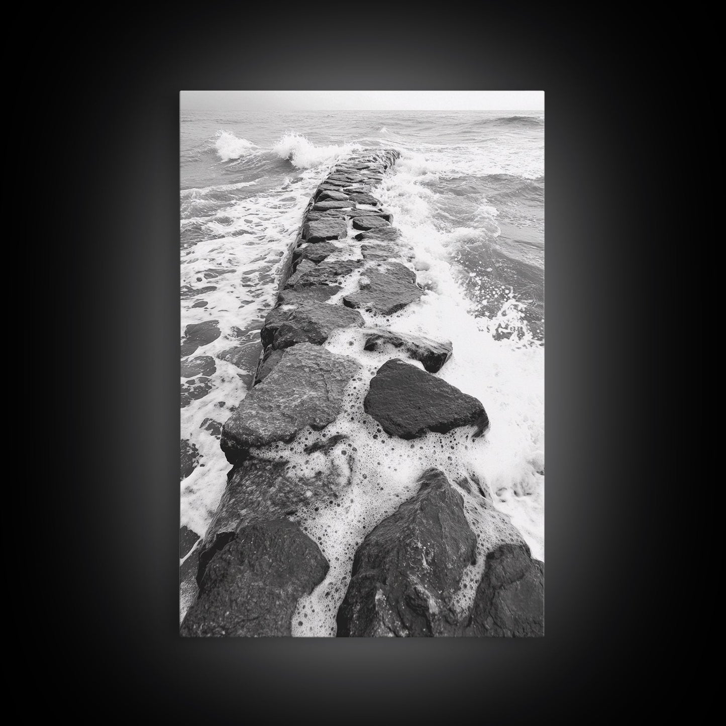 Rocky surf path, ocean jetty power, dramatic sea waves, black white beachscape, Canvas Print, bathroom wall art, nautical minimalist decor