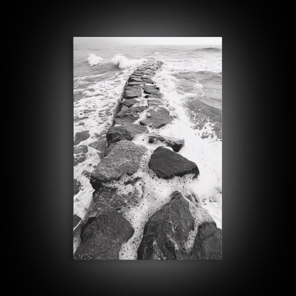 Rocky surf path, ocean jetty power, dramatic sea waves, black white beachscape, Canvas Print, bathroom wall art, nautical minimalist decor