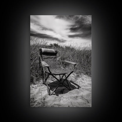 Deserted beach chair, quiet coast vibes, windswept scene, peaceful solitude, Canvas Print, hallway decor, rustic retreat outdoor artwork