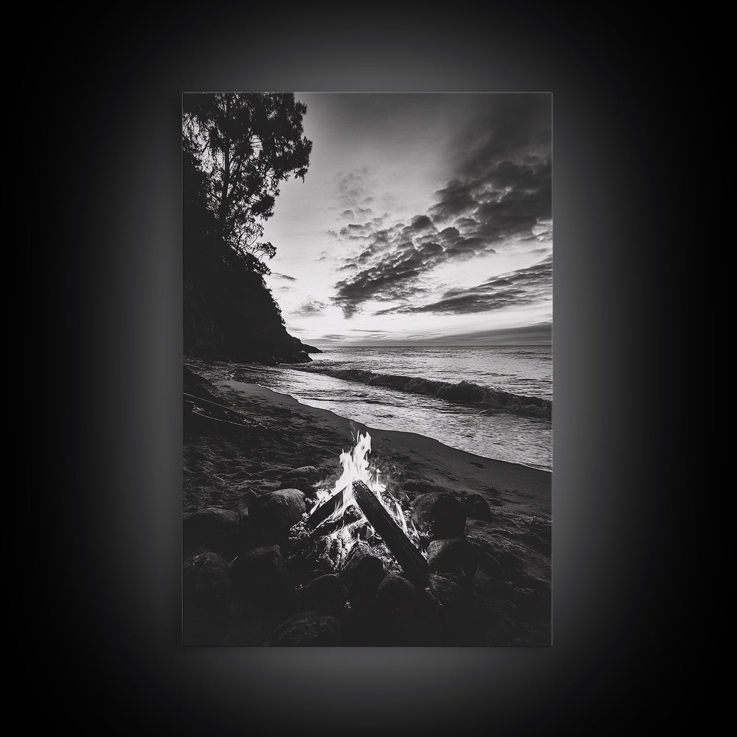 Shoreline fire night, beach flames, evening waves, rustic warmth, Canvas Print, Autumn decor, outdoor adventure minimalist wall art