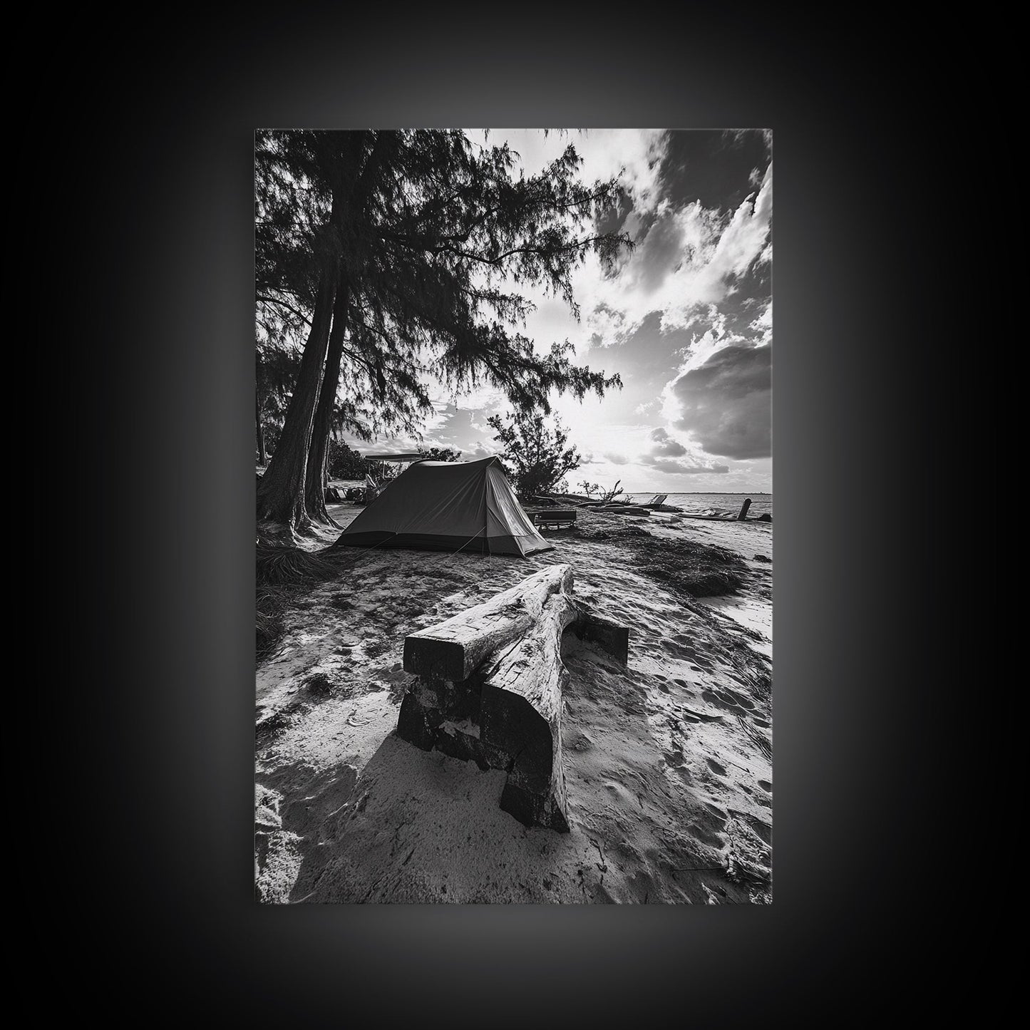 Tent, Beach, Sunset, Trees - Rustic camping coastal escape vibe, Framed Canvas Print, ideal bedroom or adventure nursery decor, outdoor art