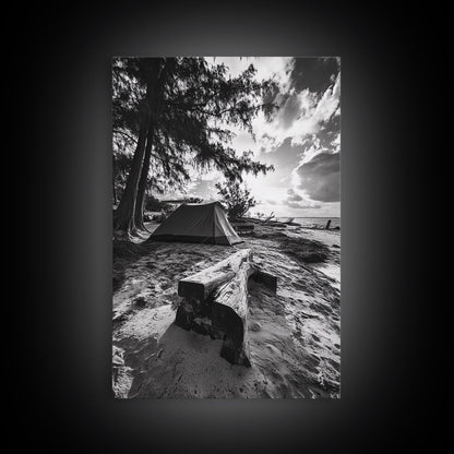 Tent, Beach, Sunset, Trees - Rustic camping coastal escape vibe, Framed Canvas Print, ideal bedroom or adventure nursery decor, outdoor art