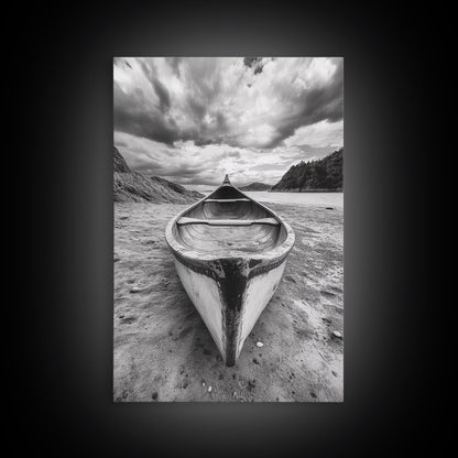 Canoe, Shoreline, Dramatic, Sky - canoe landscape Canvas Print, rustic wall art, entryway decor, nature photography, monochrome mountain