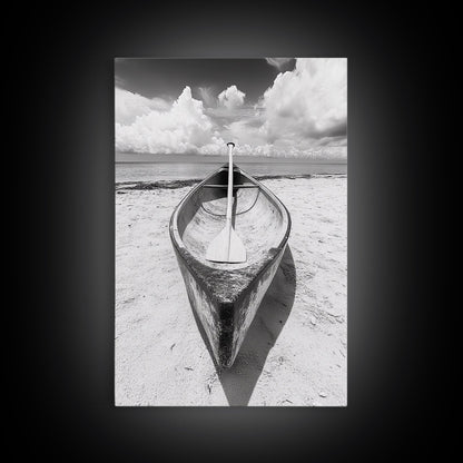 Paddle, Canoe, Beach, Clouds - Summer boating scene, Canvas Print, ideal bathroom or guestroom nautical art, rustic coastal boho wall decor