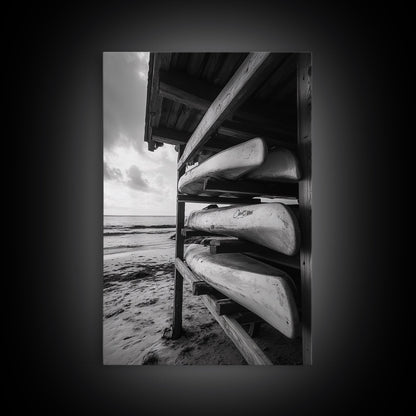 Canoes, Rack, Ocean, Shelter - Surf shack vibes with coastal canoe stack, Framed Canvas Print, great beach house or boho hallway art, grayscale