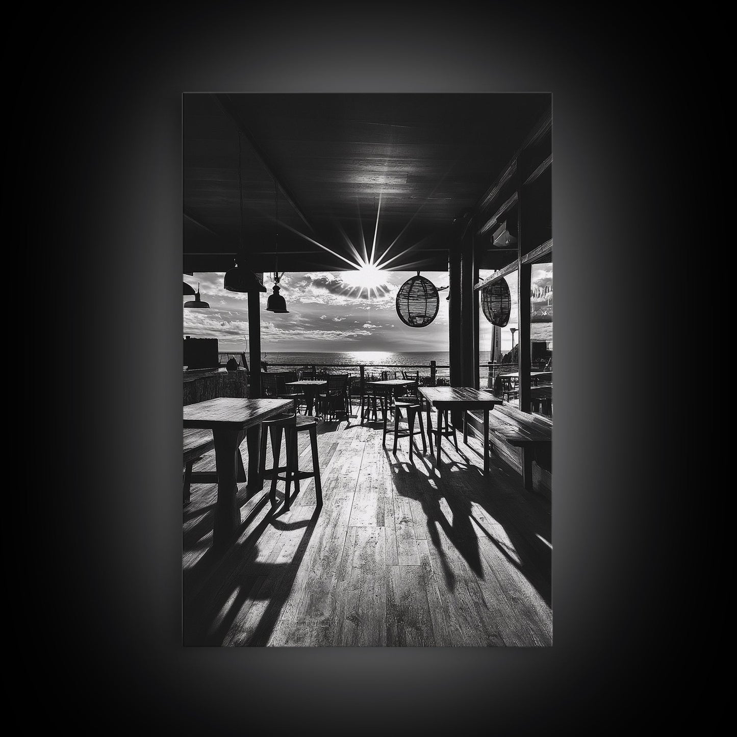 Ocean, Deck, Sunset, Rays - Golden hour beach bar shadows, Canvas Print, perfect dining room or kitchen wall art, rustic coastal decor