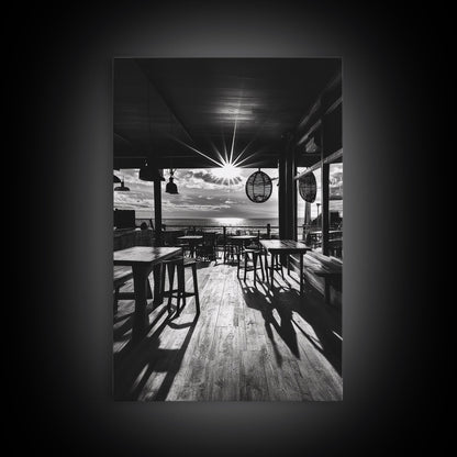 Ocean, Deck, Sunset, Rays - Golden hour beach bar shadows, Canvas Print, perfect dining room or kitchen wall art, rustic coastal decor