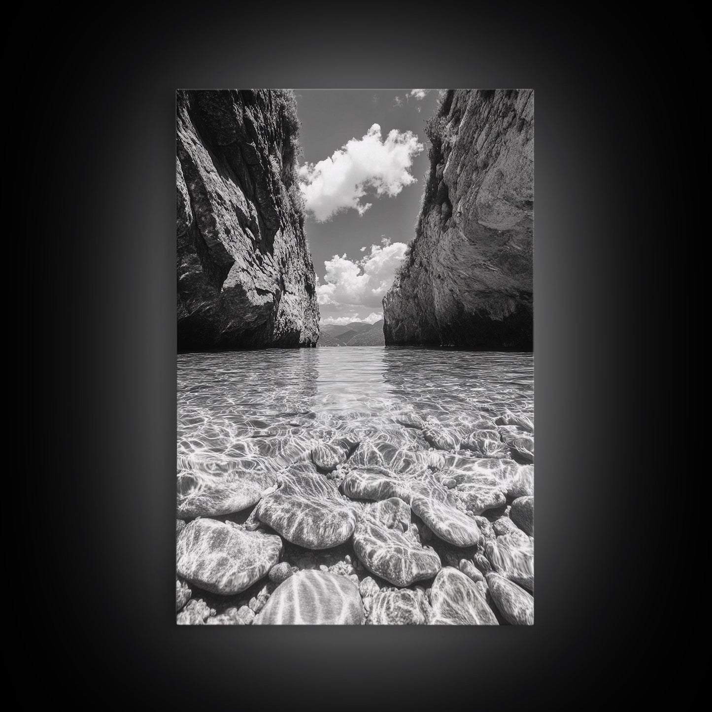 Clear Waterscape, Rocky Shoreline, Tropical Escape, Nature Photography, Framed Canvas Print, Beach House Coastal Wall Art