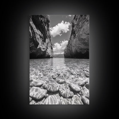 Clear Waterscape, Rocky Shoreline, Tropical Escape, Nature Photography, Framed Canvas Print, Beach House Coastal Wall Art