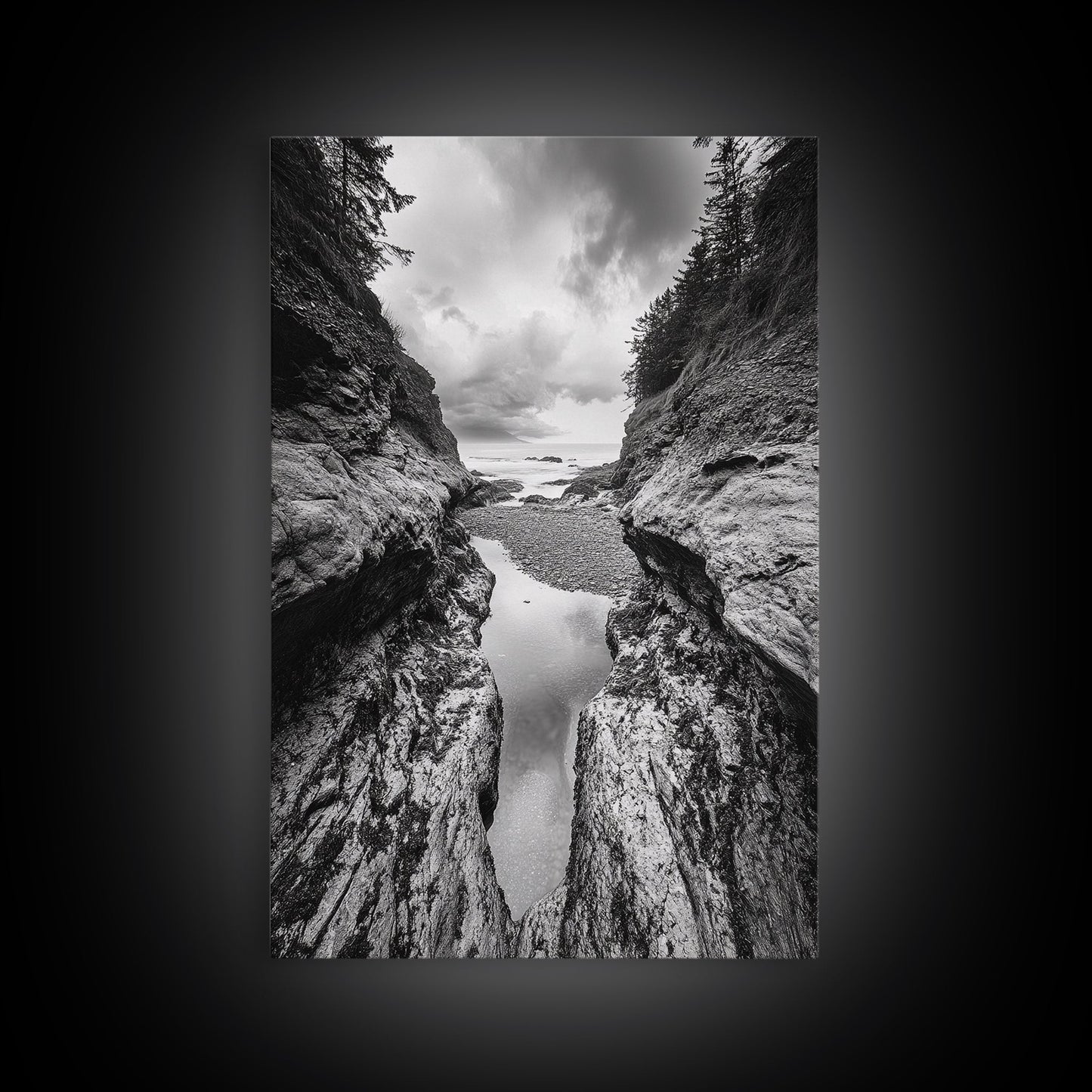 Ocean Ravine, Rugged Coastline, Pacific Wilderness, Stormy Seascape, Framed Canvas Print, Adventure Wall Art, Nature Home Decor