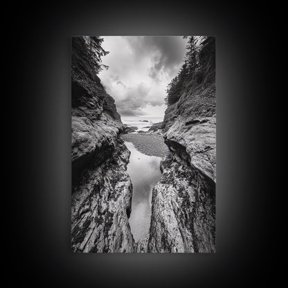 Ocean Ravine, Rugged Coastline, Pacific Wilderness, Stormy Seascape, Framed Canvas Print, Adventure Wall Art, Nature Home Decor