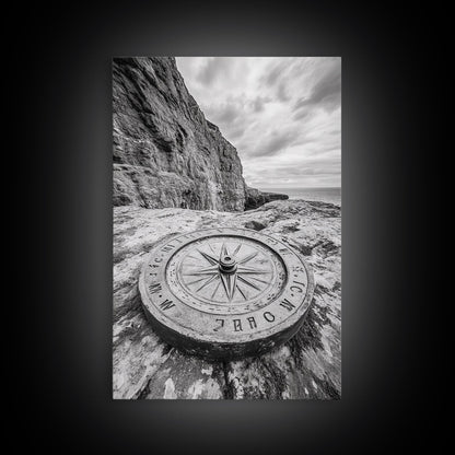Compass On Cliff, Adventure Travel Art, Nautical Wall Decor, Framed Canvas Print, Rustic Office Art, Nature Explorer Gift Idea