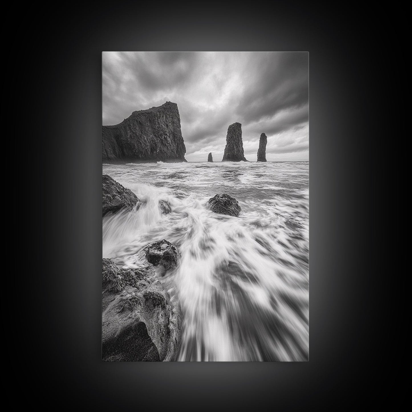 Sea Stacks Seascape, Ocean Art, Moody Coastline Print, Nature Photography, Framed Canvas Print, Living Room Wall Art, Black White Seaside