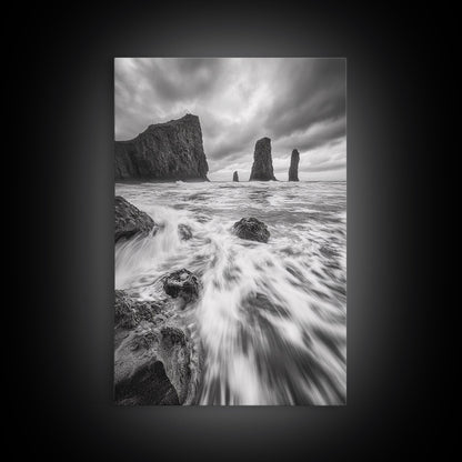 Sea Stacks Seascape, Ocean Art, Moody Coastline Print, Nature Photography, Framed Canvas Print, Living Room Wall Art, Black White Seaside