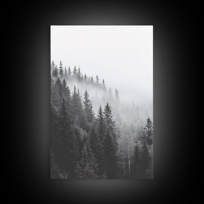 Misty Forest, Pine Trees, Foggy Morning, Canvas Print, Moody Nature Wall Art, Nordic Bedroom Decor, Monochrome Forest Landscape