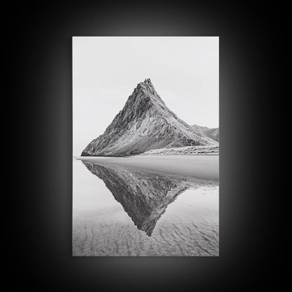 Mountain Mirror, Coastal Peak, Serene Beach, Canvas Print, Minimalist Landscape Art, Modern Living Room Wall Decor, Monochrome Nature Style
