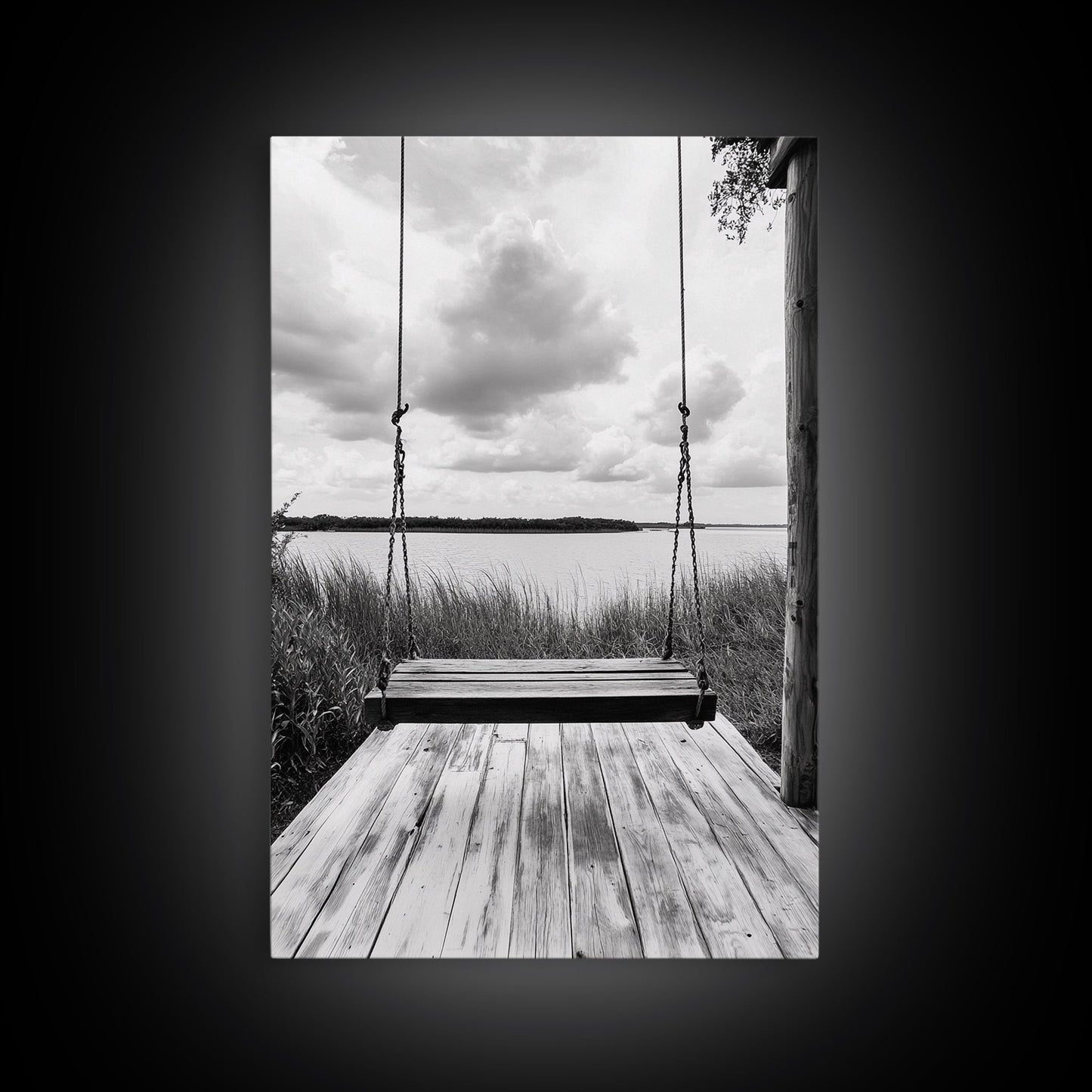 Lake Swing, Cloudy Sky, Calm View, Framed Canvas Print, Farmhouse Wall Art, Serene Kitchen Decor, Rustic Black and White Photography